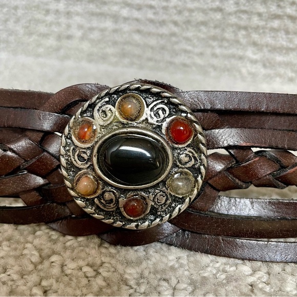 Vintage Dk Brown Braided Woven Concha's Stones Substantial Hardware Leather Belt - Picture 7 of 15
